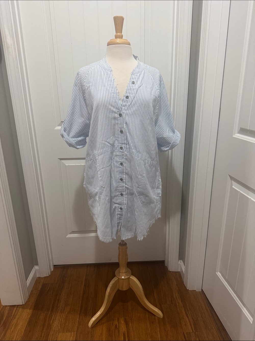 Judith March Blue and White Striped Button-Front Swim Coverup